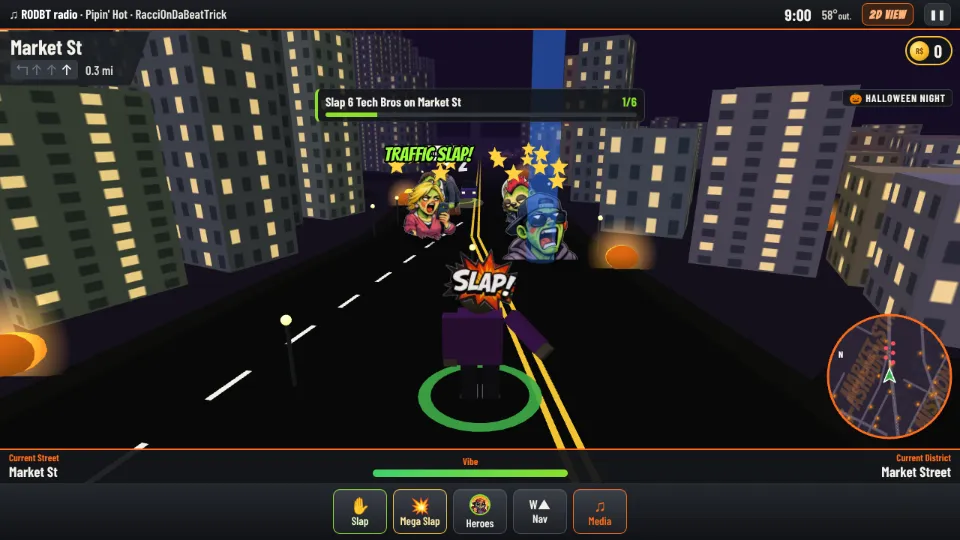 3D Street view on Halloween Night: glowing pumpkins, lit windows and the nav minimap